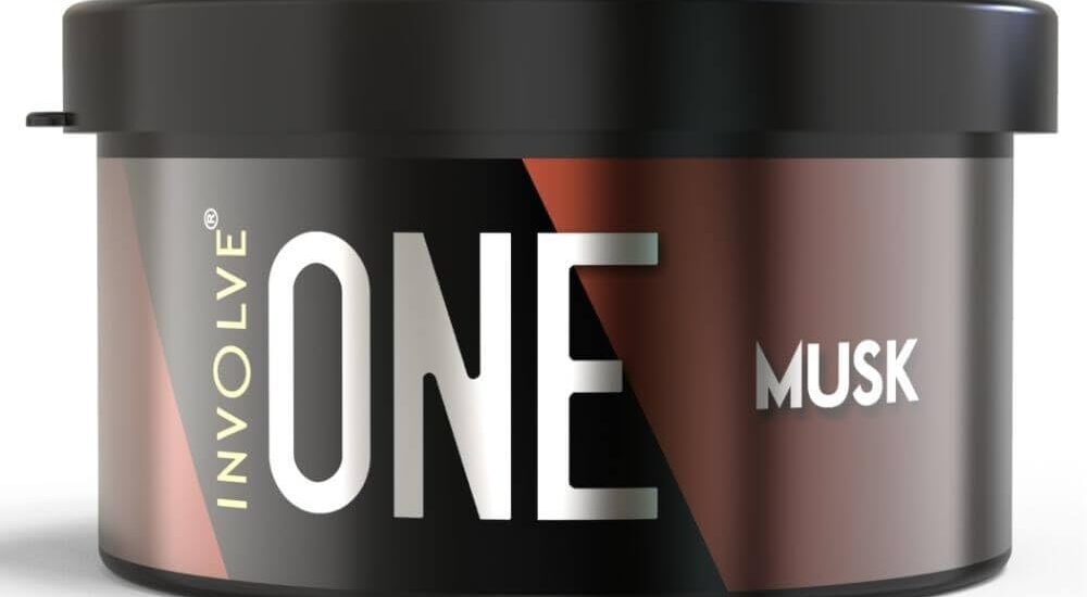 Involve ONE Musk car air freshener container with a black lid and stylish black and brown gradient label design.