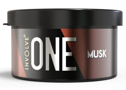 Involve ONE Musk car air freshener container with a black lid and stylish black and brown gradient label design.