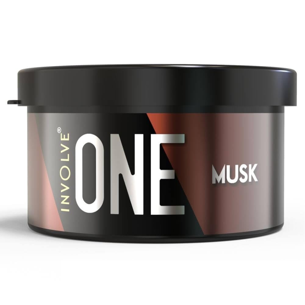 Involve ONE Musk car air freshener container with a black lid and stylish black and brown gradient label design.