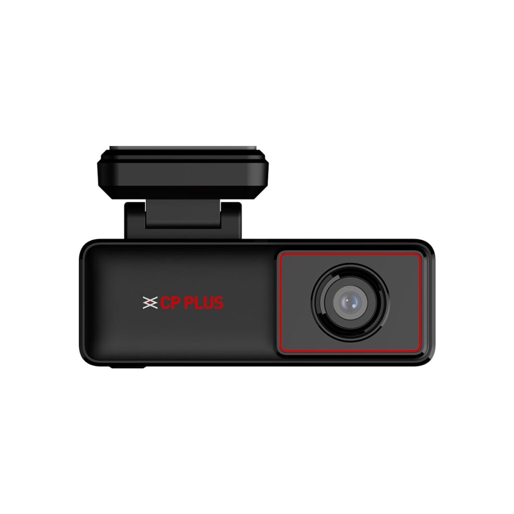 CP PLUS CarKam Dashcam (CP-AD-H2B-W) front view featuring a compact black body with a wide-angle camera lens and CP PLUS branding.