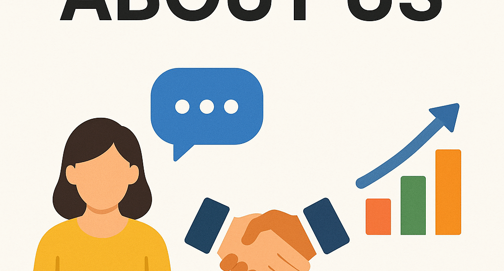 About Us section graphic featuring bold 'ABOUT US' text with icons of a female avatar, a chat bubble, a handshake, and a bar chart indicating growth, on a clean off-white background.